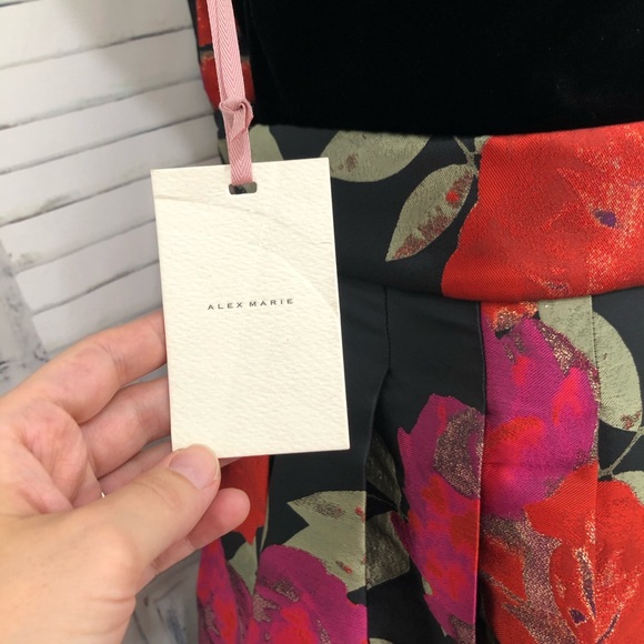 Alex Marie Black Pink Jacquard Velvet Cocktail Dress Pockets Fit & Flare Gown - Picture 9 of 11